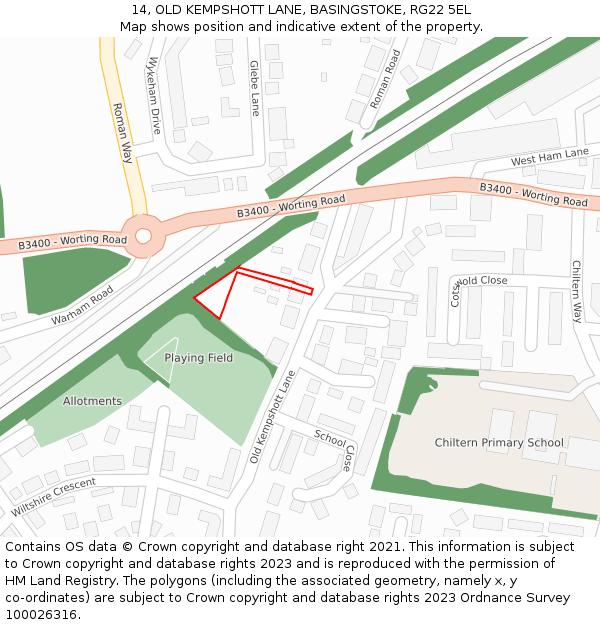 14, OLD KEMPSHOTT LANE, BASINGSTOKE, RG22 5EL: Location map and indicative extent of plot