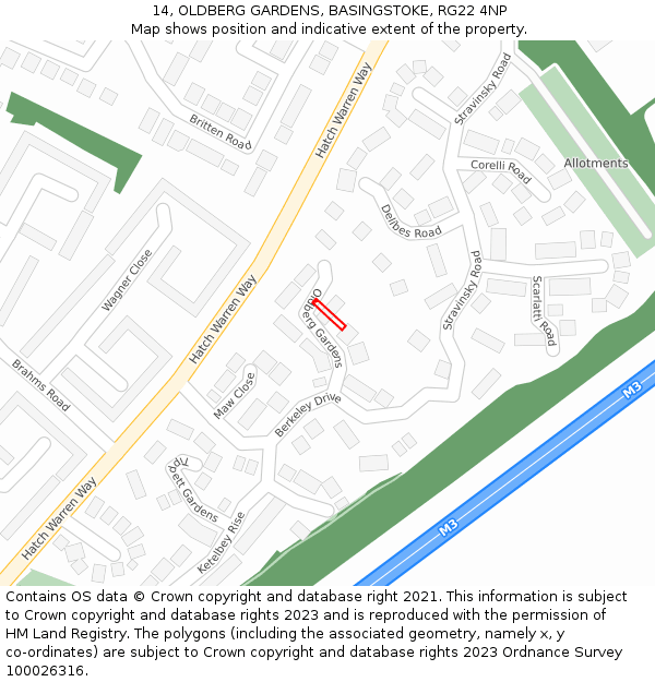 14, OLDBERG GARDENS, BASINGSTOKE, RG22 4NP: Location map and indicative extent of plot