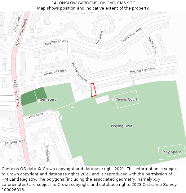 14, ONSLOW GARDENS, ONGAR, CM5 9BG: Location map and indicative extent of plot