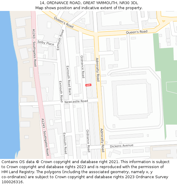 14, ORDNANCE ROAD, GREAT YARMOUTH, NR30 3DL: Location map and indicative extent of plot