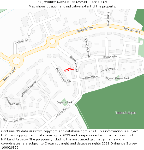 14, OSPREY AVENUE, BRACKNELL, RG12 8AG: Location map and indicative extent of plot