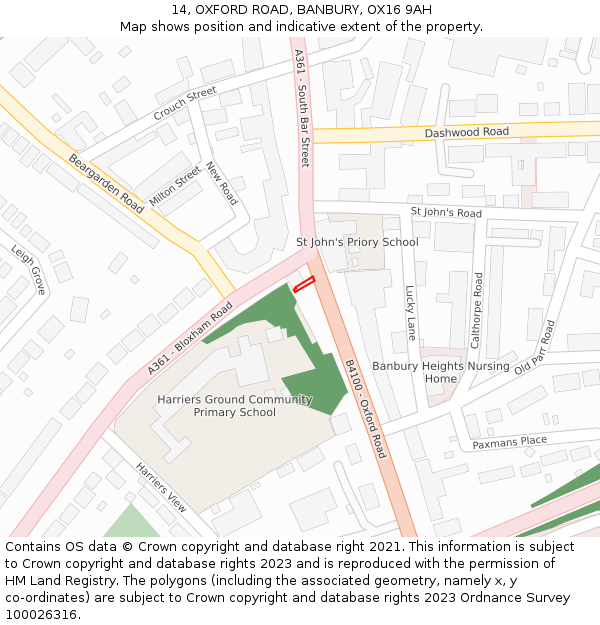 14, OXFORD ROAD, BANBURY, OX16 9AH: Location map and indicative extent of plot