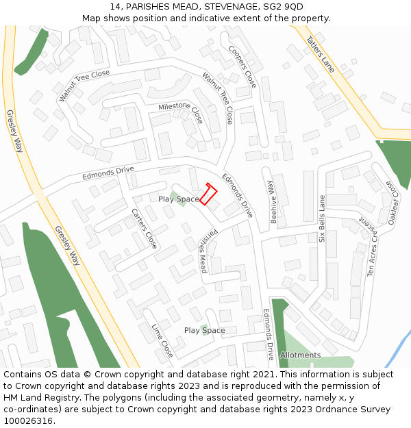 14, PARISHES MEAD, STEVENAGE, SG2 9QD: Location map and indicative extent of plot