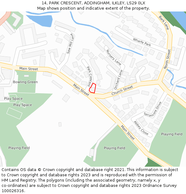 14, PARK CRESCENT, ADDINGHAM, ILKLEY, LS29 0LX: Location map and indicative extent of plot
