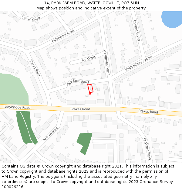 14, PARK FARM ROAD, WATERLOOVILLE, PO7 5HN: Location map and indicative extent of plot