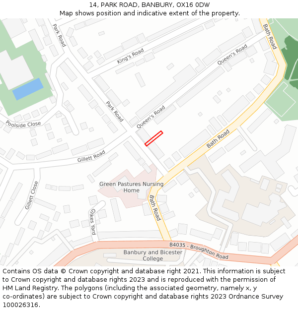 14, PARK ROAD, BANBURY, OX16 0DW: Location map and indicative extent of plot
