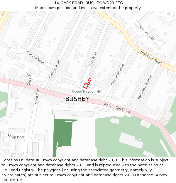 14, PARK ROAD, BUSHEY, WD23 3EG: Location map and indicative extent of plot
