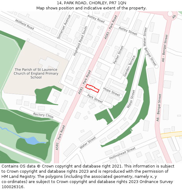 14, PARK ROAD, CHORLEY, PR7 1QN: Location map and indicative extent of plot
