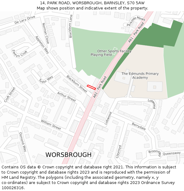 14, PARK ROAD, WORSBROUGH, BARNSLEY, S70 5AW: Location map and indicative extent of plot