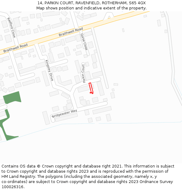 14, PARKIN COURT, RAVENFIELD, ROTHERHAM, S65 4GX: Location map and indicative extent of plot