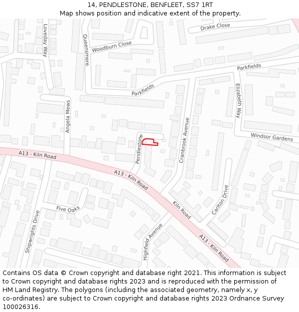 14, PENDLESTONE, BENFLEET, SS7 1RT: Location map and indicative extent of plot