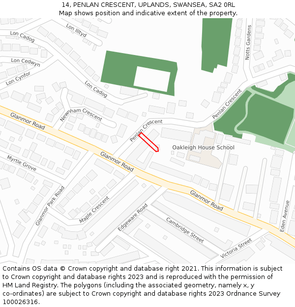 14, PENLAN CRESCENT, UPLANDS, SWANSEA, SA2 0RL: Location map and indicative extent of plot