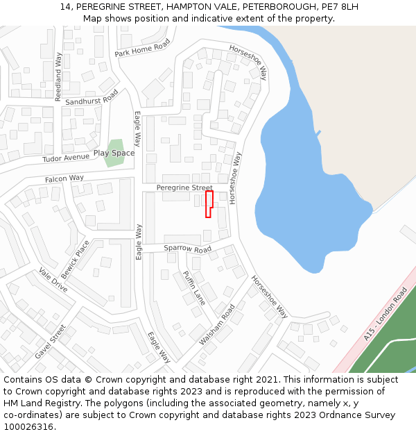 14, PEREGRINE STREET, HAMPTON VALE, PETERBOROUGH, PE7 8LH: Location map and indicative extent of plot