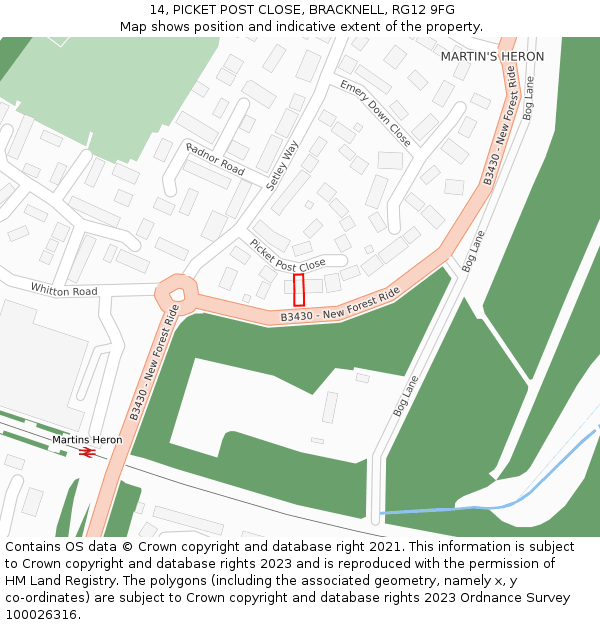 14, PICKET POST CLOSE, BRACKNELL, RG12 9FG: Location map and indicative extent of plot