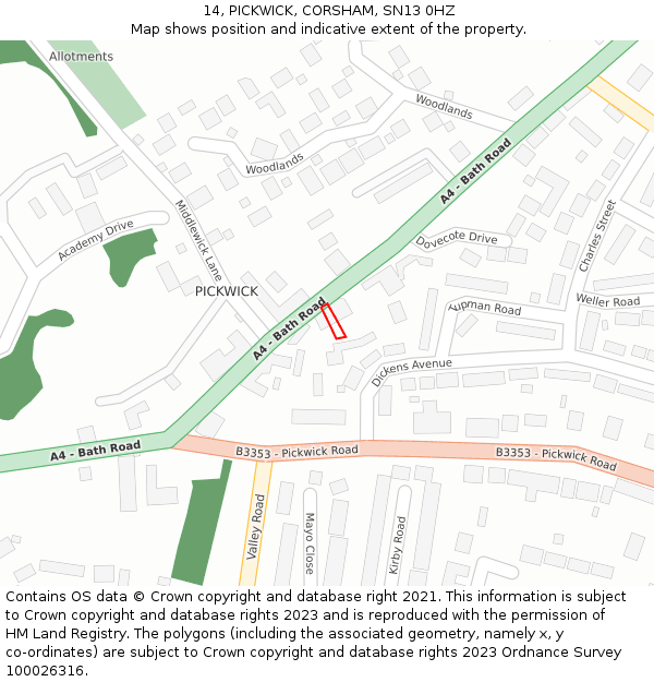 14, PICKWICK, CORSHAM, SN13 0HZ: Location map and indicative extent of plot