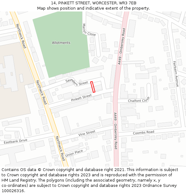 14, PINKETT STREET, WORCESTER, WR3 7EB: Location map and indicative extent of plot