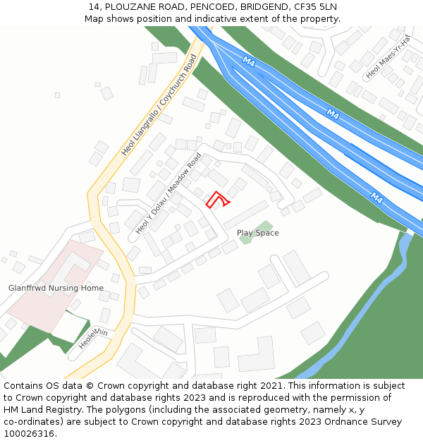 14, PLOUZANE ROAD, PENCOED, BRIDGEND, CF35 5LN: Location map and indicative extent of plot