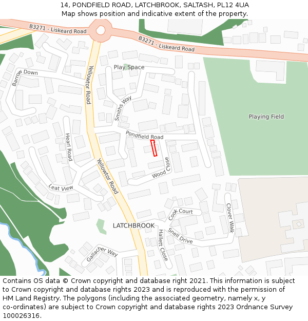 14, PONDFIELD ROAD, LATCHBROOK, SALTASH, PL12 4UA: Location map and indicative extent of plot