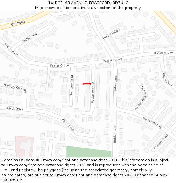 14, POPLAR AVENUE, BRADFORD, BD7 4LQ: Location map and indicative extent of plot
