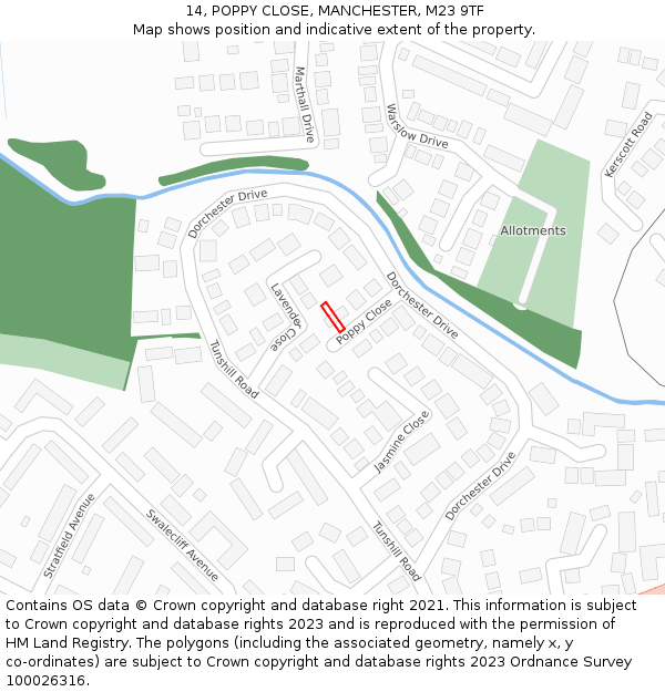 14, POPPY CLOSE, MANCHESTER, M23 9TF: Location map and indicative extent of plot