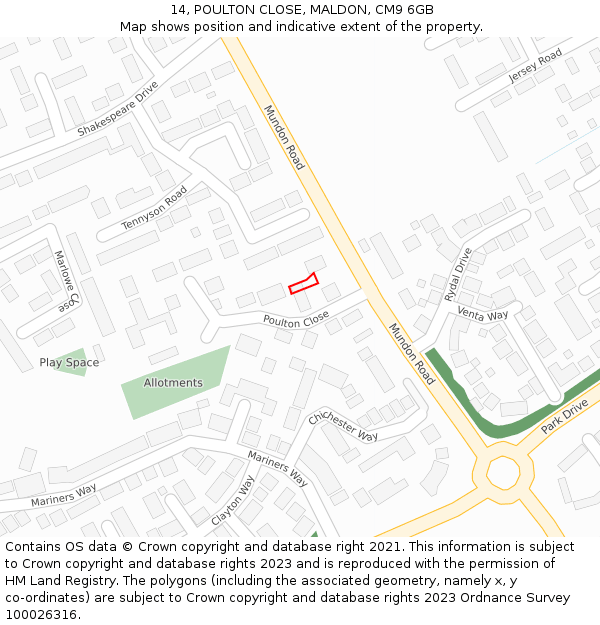 14, POULTON CLOSE, MALDON, CM9 6GB: Location map and indicative extent of plot