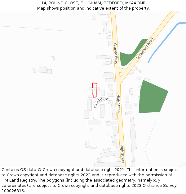 14, POUND CLOSE, BLUNHAM, BEDFORD, MK44 3NR: Location map and indicative extent of plot