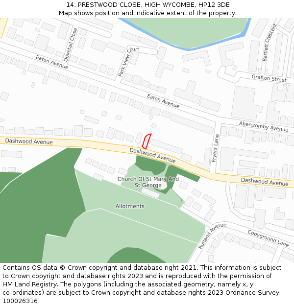 14, PRESTWOOD CLOSE, HIGH WYCOMBE, HP12 3DE: Location map and indicative extent of plot