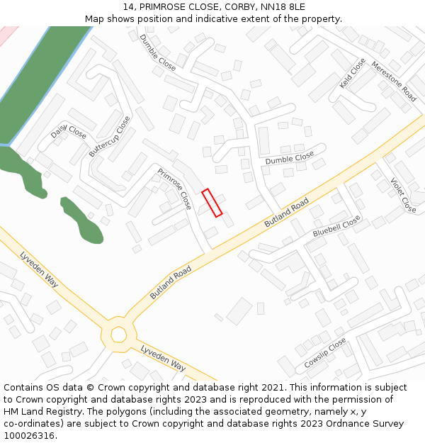 14, PRIMROSE CLOSE, CORBY, NN18 8LE: Location map and indicative extent of plot