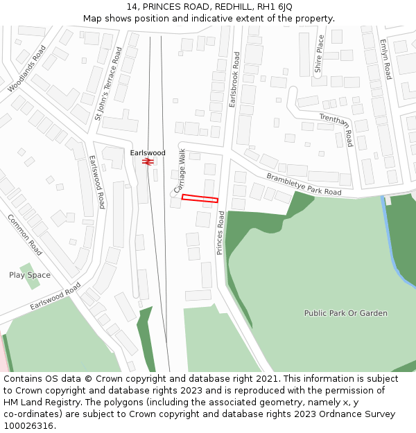 14, PRINCES ROAD, REDHILL, RH1 6JQ: Location map and indicative extent of plot