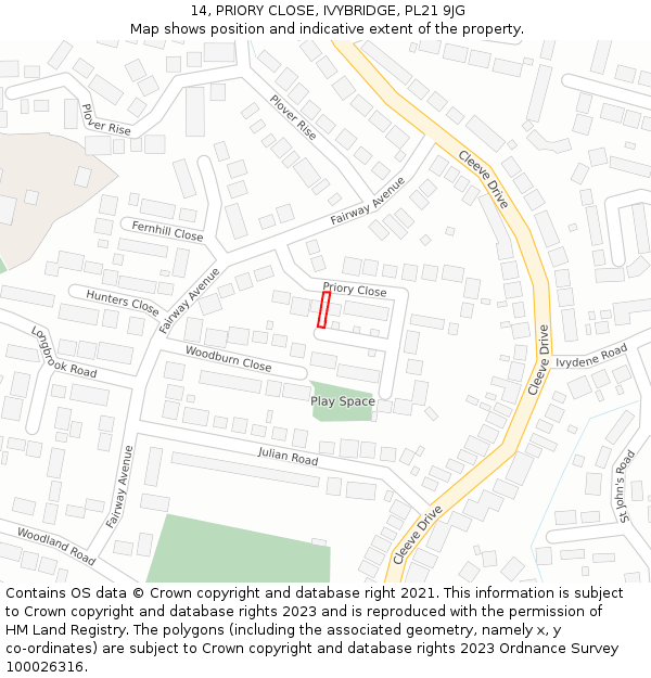 14, PRIORY CLOSE, IVYBRIDGE, PL21 9JG: Location map and indicative extent of plot