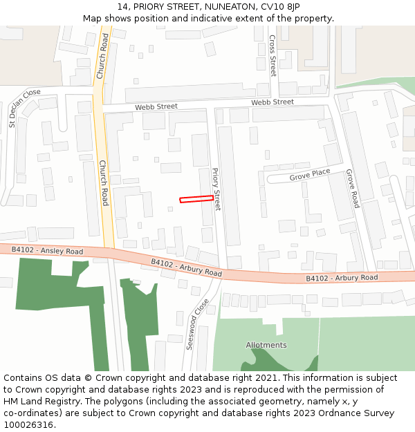 14, PRIORY STREET, NUNEATON, CV10 8JP: Location map and indicative extent of plot