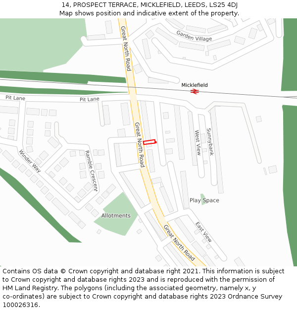 14, PROSPECT TERRACE, MICKLEFIELD, LEEDS, LS25 4DJ: Location map and indicative extent of plot