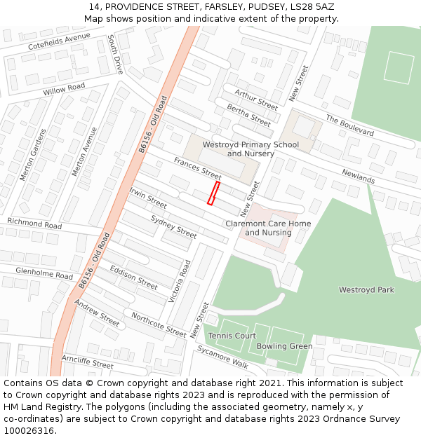 14, PROVIDENCE STREET, FARSLEY, PUDSEY, LS28 5AZ: Location map and indicative extent of plot