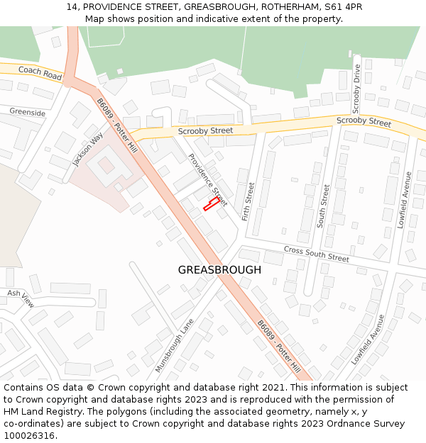 14, PROVIDENCE STREET, GREASBROUGH, ROTHERHAM, S61 4PR: Location map and indicative extent of plot