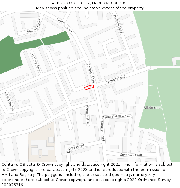 14, PURFORD GREEN, HARLOW, CM18 6HH: Location map and indicative extent of plot
