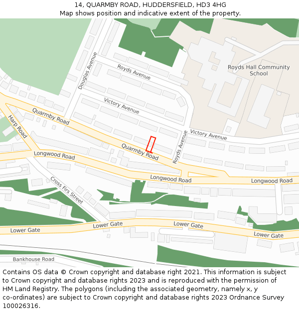 14, QUARMBY ROAD, HUDDERSFIELD, HD3 4HG: Location map and indicative extent of plot