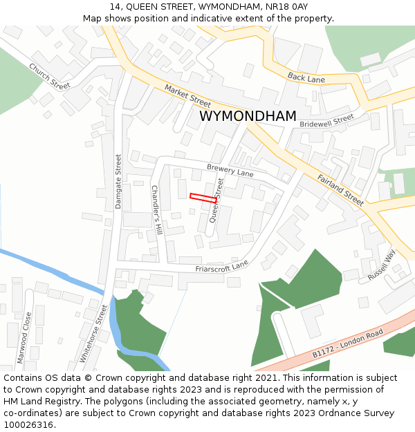 14, QUEEN STREET, WYMONDHAM, NR18 0AY: Location map and indicative extent of plot