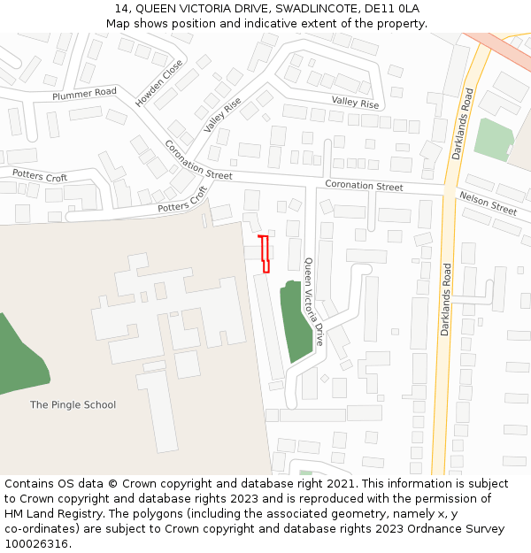 14, QUEEN VICTORIA DRIVE, SWADLINCOTE, DE11 0LA: Location map and indicative extent of plot