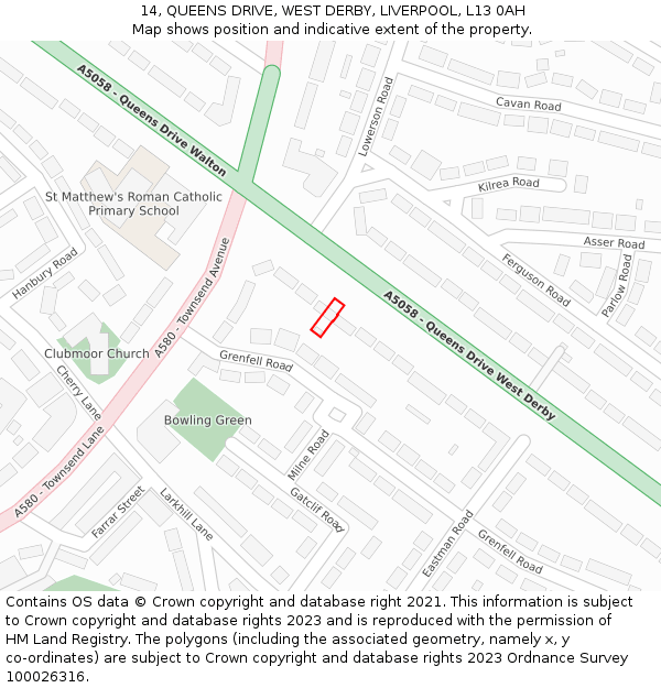 14, QUEENS DRIVE, WEST DERBY, LIVERPOOL, L13 0AH: Location map and indicative extent of plot