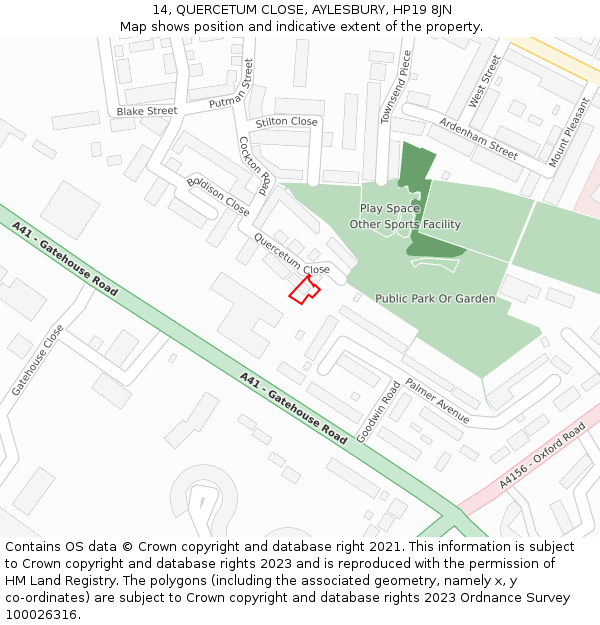 14, QUERCETUM CLOSE, AYLESBURY, HP19 8JN: Location map and indicative extent of plot