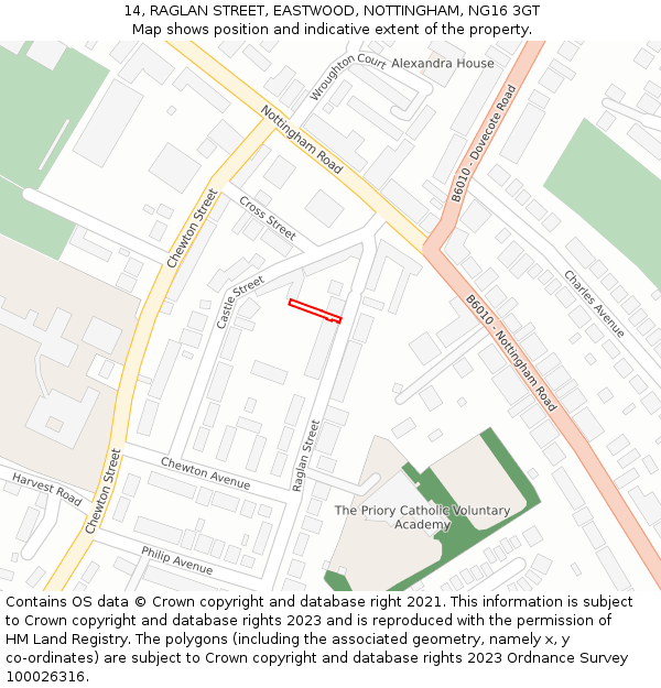 14, RAGLAN STREET, EASTWOOD, NOTTINGHAM, NG16 3GT: Location map and indicative extent of plot