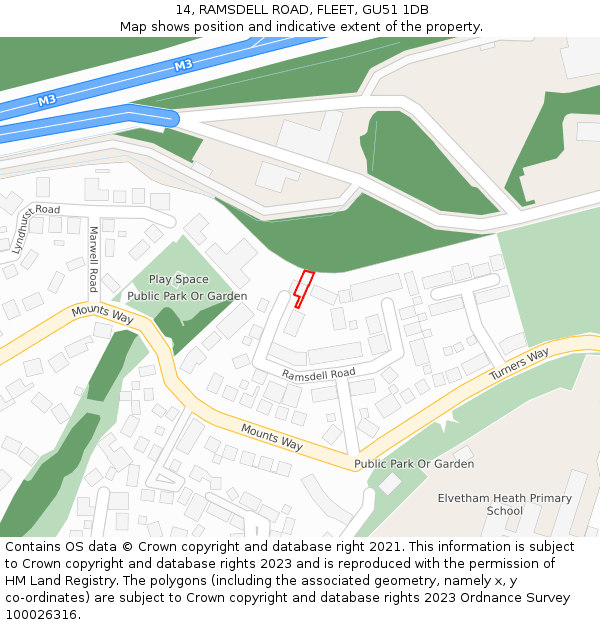 14, RAMSDELL ROAD, FLEET, GU51 1DB: Location map and indicative extent of plot