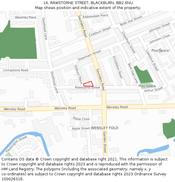 14, RAWSTORNE STREET, BLACKBURN, BB2 6NU: Location map and indicative extent of plot