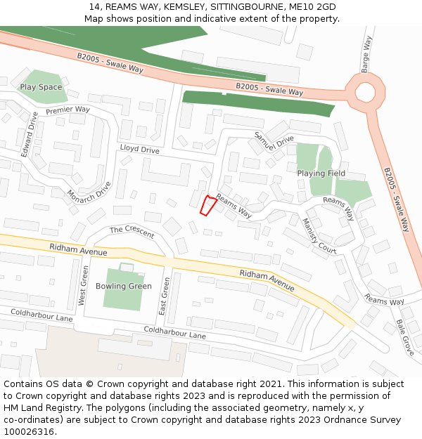 14, REAMS WAY, KEMSLEY, SITTINGBOURNE, ME10 2GD: Location map and indicative extent of plot
