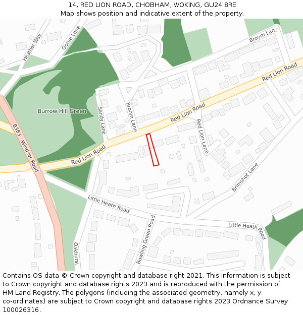 14, RED LION ROAD, CHOBHAM, WOKING, GU24 8RE: Location map and indicative extent of plot