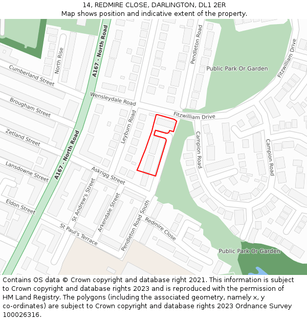 14, REDMIRE CLOSE, DARLINGTON, DL1 2ER: Location map and indicative extent of plot