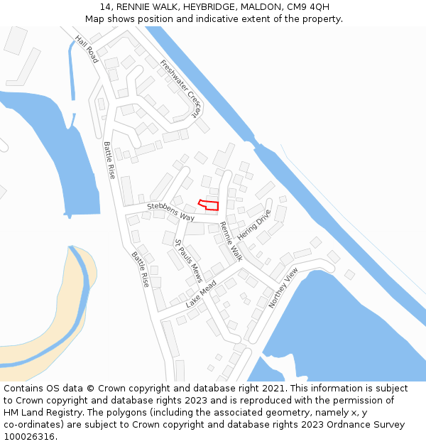 14, RENNIE WALK, HEYBRIDGE, MALDON, CM9 4QH: Location map and indicative extent of plot