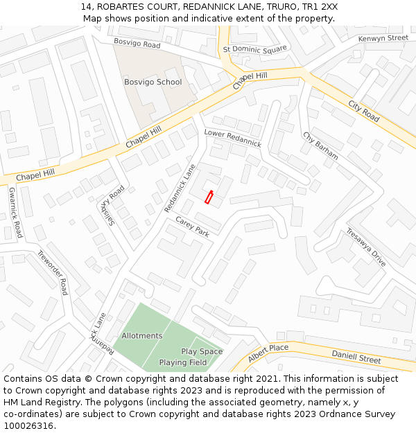 14, ROBARTES COURT, REDANNICK LANE, TRURO, TR1 2XX: Location map and indicative extent of plot