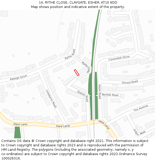14, RYTHE CLOSE, CLAYGATE, ESHER, KT10 9DD: Location map and indicative extent of plot