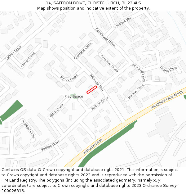 14, SAFFRON DRIVE, CHRISTCHURCH, BH23 4LS: Location map and indicative extent of plot